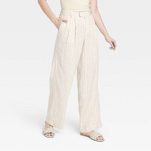 A New Day Women's High-Rise Linen Wide Leg Fluid Pants Cream/Black Pin Striped